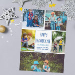 Cartão Azul Feliz de Colagem de Fotos Moderna do H<br><div class="desc">Este cartão feliz e giro Hanukkah apresenta um layout moderno de 5 fotos da família em um fundo branco com tipografia azul. Este belo cartão de feriado judeu apresenta a sua própria colagem fotográfica em torno da sua mensagem e nome da família.</div>