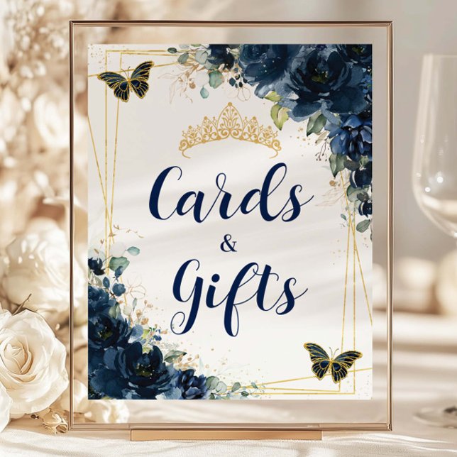 Cartão Azul Floral de Quinceañera e presentes (navy-blue-floral-butterflies-gold-quinceanera-sweet-16-birthday-party-cheap-card-and-gift-sign)