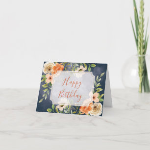 Cartão Azul Floral e Feliz Aniversário Laranja