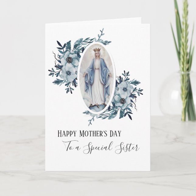 Cartão Azul Floral | Irmã | Mãe Religiosa Maria (Frente)