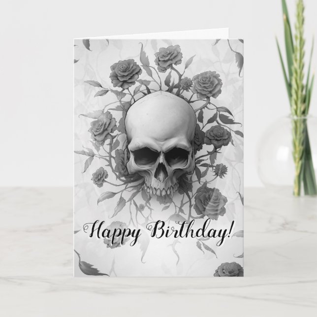 Cartão Azul Floral Rosa Skull - Aniversário (Frente)