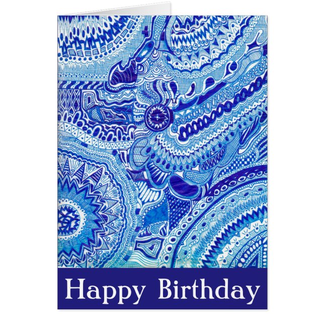 Cartão Azul real e branco estilo Ming de aniversário (Frente)