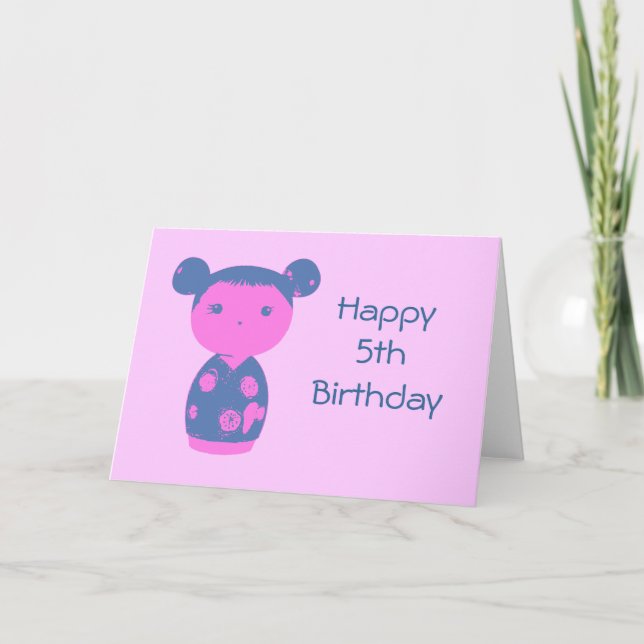 Cartão Azul Rosa Kokeshi (Frente)