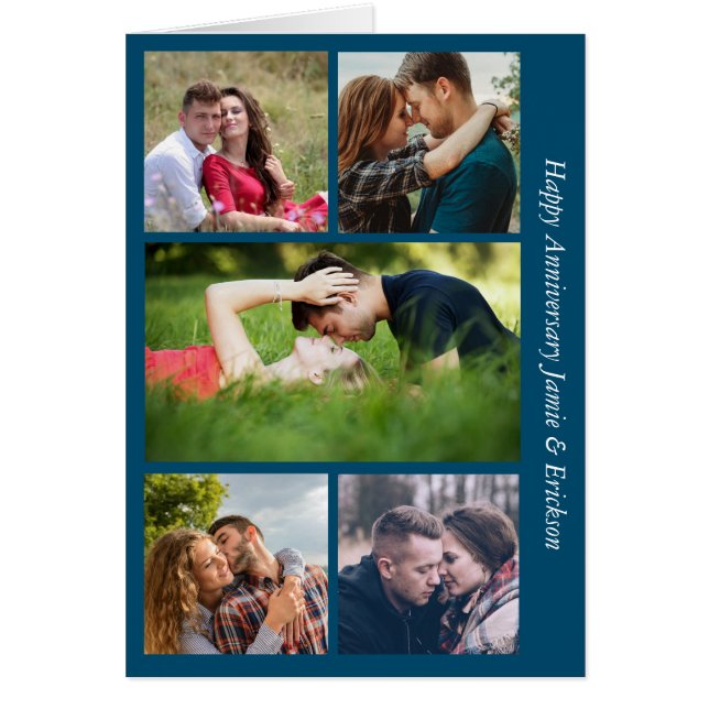 Cartão Azul Teal de Cinco Fotos Aniversário (Frente)