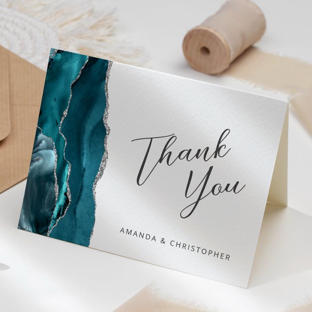 Cartão Azul Teal Prata Ágata Script Casamento Agradecimen (Criador carregado)