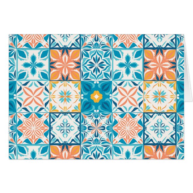Cartão azulejos ornamentados em azul e laranja (Frente Horizontal)