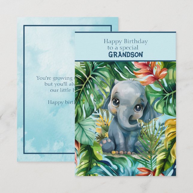 Cartão Baby Elephant Happy Birthday Special Grandson (Frente/Verso)
