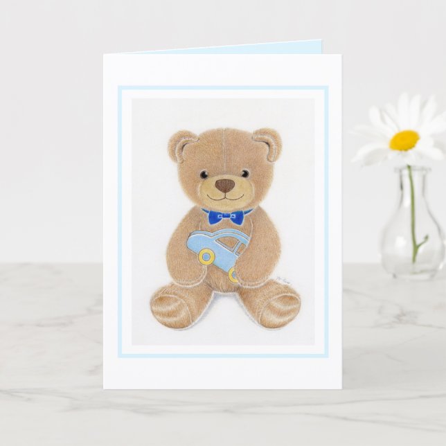 Cartão Baby Shower Boy Teddy Bear Folded Greeting Card (Planta pequena)