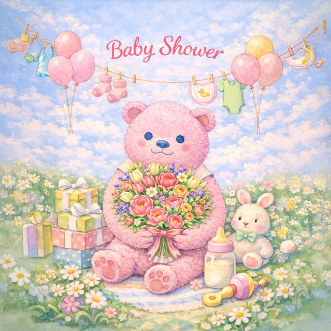 Cartão Baby Shower – Pink Bear Floral Illustration (Criador carregado)