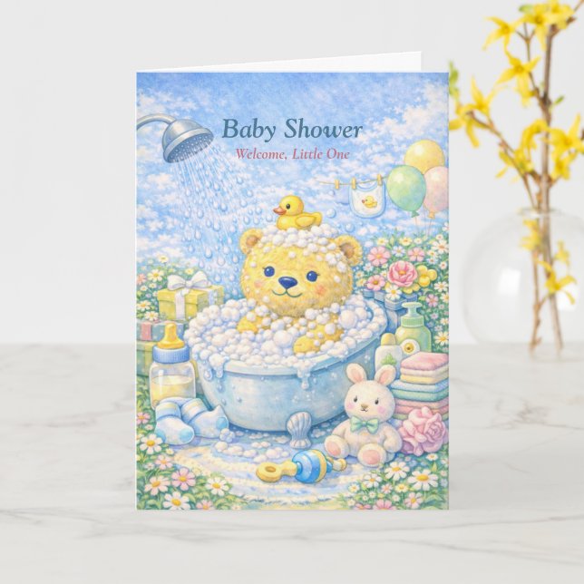 Cartão Baby Shower – Whimsical Bear Bath Illustration (Flor Amarela)