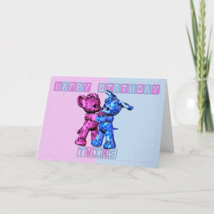 Cartão baby twins birthday card with bear and puppy