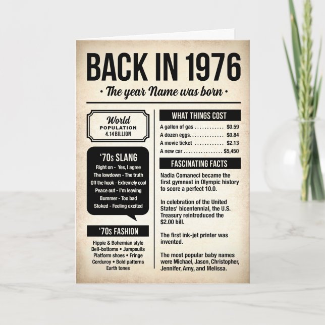 Cartão Back in 1976, 50th Birthday Fun Facts Card (Frente)