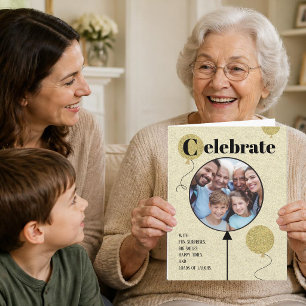 Cartão Balão de Aniversário com Foto Personalizada Dourad