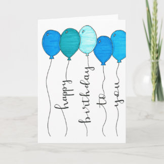 Cartão balão de aniversário feliz caligrafia azul mão esc