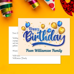 Cartão Balão Dourado e azul, feliz aniversário