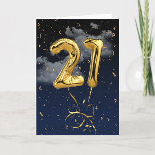 Cartão Balão Mylar Dourado aniversário de 21 anos e Pla
