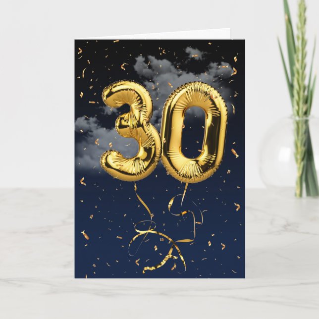 Cartão Balão Mylar Dourado aniversário de 30 anos e Placa (Frente)