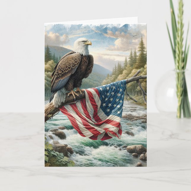 Cartão Bald Eagle com bandeira americana Aniversário (Frente)