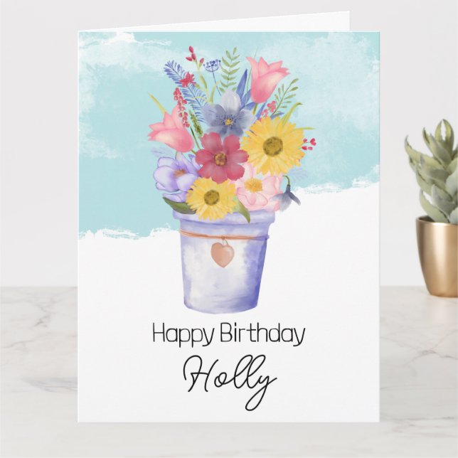 Cartão balde cheio de flores cumprimentos de aniversário (Planta pequena)