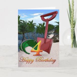 Cartão Balde de praia de Verão Feliz 4º aniversário Palme