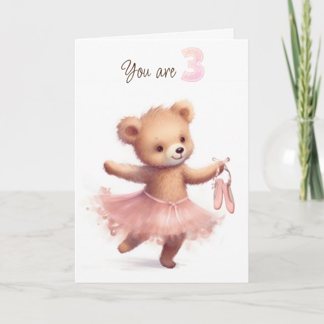 Cartão Ballerina Bear Para aniversário de 3 anos (Frente)