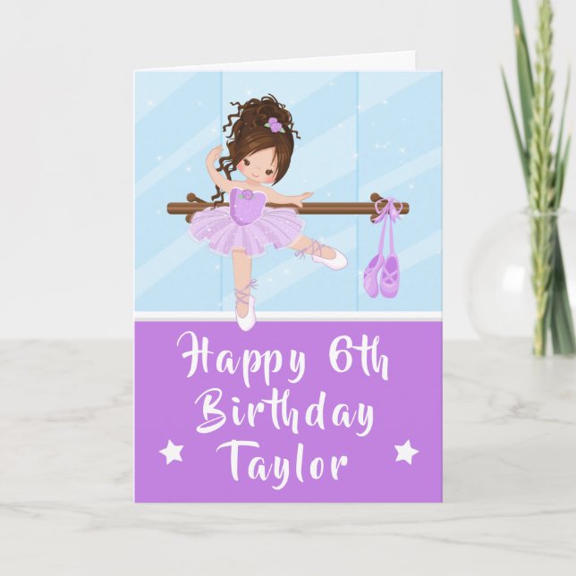 Cartão Ballerina Brown Hair Girl Purple Happy Birday Ca (Frente)