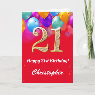 Cartão Balões aniversário de 21 anos Vermelho e Dourado