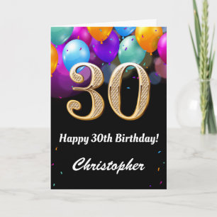 Cartão Balões aniversário de 30 anos preto e Dourado colo