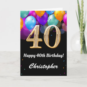 Cartão Balões aniversário de 40 anos preto e Dourado colo