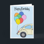 Cartão Balões Carros vintage e Coloridos Desenhando Anive<br><div class="desc">Aperte o dia de alguém com este cartão de aniversário com uma ilustração desenhada à mão de um carro vintage com um monte de balões coloridos amarrados ao pára-choque traseiro. Deixe a mensagem dentro como está ou escreva sua própria saudação personalizada.</div>