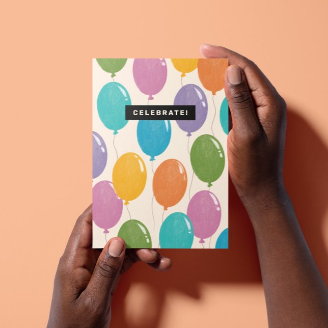 Cartão Balões Coloridos de Aniversário ("Celebrate!" inside a black box over background colorful illustrated balloons flying upward)