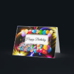 Cartão Balões Cons, Coloridos, Fireworks, Aniversário<br><div class="desc">O Cartão de Aniversário tem um belo e colorido balões e fogos de artifício,  com texto... Feliz Aniversário...  Na dentro está o fundo branco com texto...  Parabéns... No fundo está o fundo branco. Você pode personalizar facilmente com sua escolha de texto.</div>