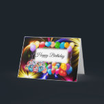 Cartão Balões Cons, Coloridos, Fireworks, Aniversário<br><div class="desc">O Cartão de Aniversário tem um belo e colorido balões e fogos de artifício,  com texto... Feliz Aniversário...  Na dentro está o fundo branco com texto...  Parabéns... No fundo está o fundo branco. Você pode personalizar facilmente com sua escolha de texto.</div>