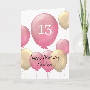 Cartão Balões cor-de-rosa e Dourados 13 de aniversário