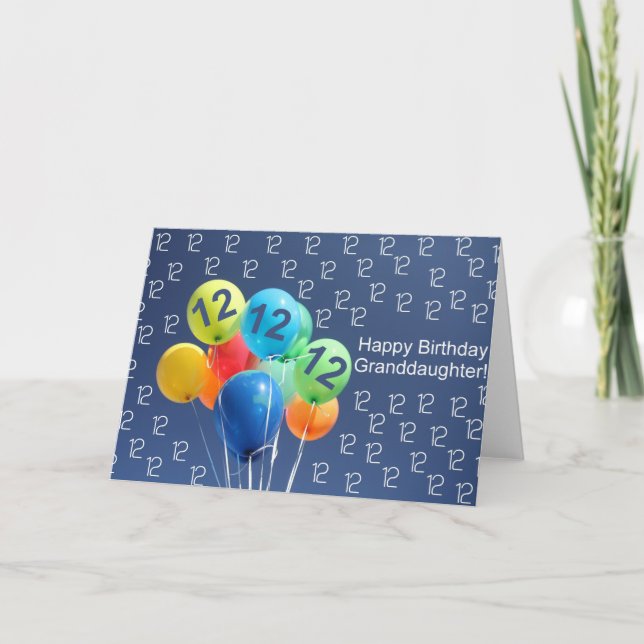 Cartão Balões de 12 de aniversário da neta (Frente)