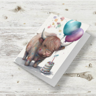 Cartão Balões de Aniversário Aquarela de Vaca das Terras 