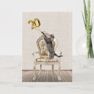 Cartão Balões de Aniversário de 20 Anos e Gato Tabby