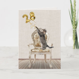 Cartão Balões de Aniversário de 28 anos e Gato Listrado