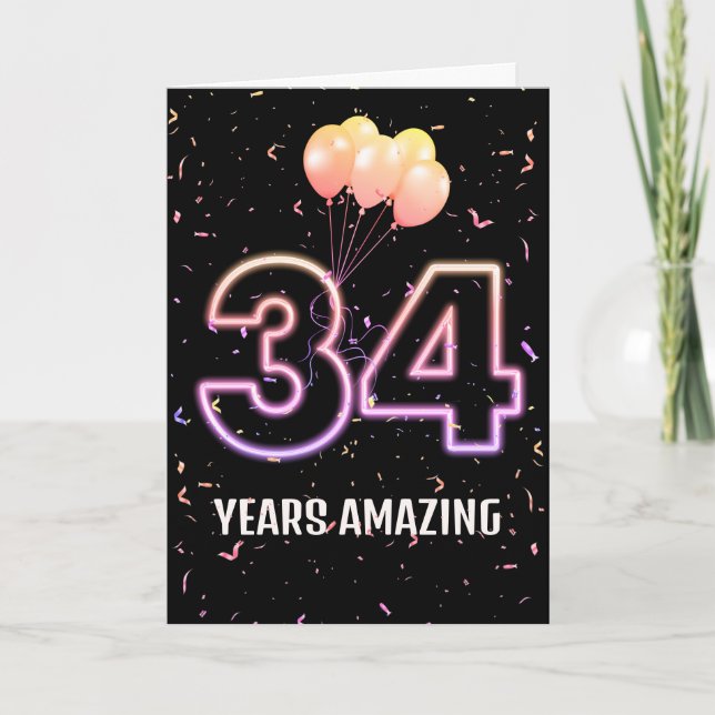 Cartão Balões de Aniversário de 34 Anos e Confetes (Frente)