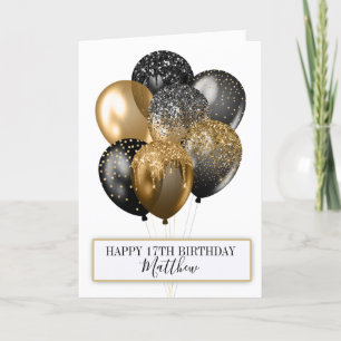 Cartão Balões de Aniversário Elegantes Preto e Dourado Br