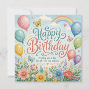 Cartão Balões de Arco-Íris de Aquarela Caprichosa Floral