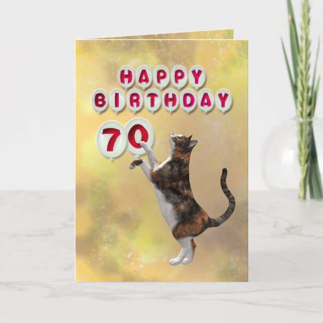 Cartão Balões de Feliz Aniversário de Gato e 70 (Frente)