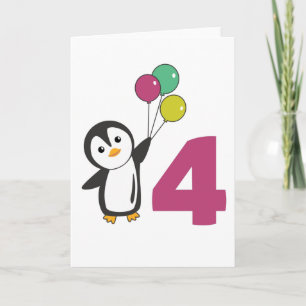 Cartão Balões do Quarto Aniversário do Pinguim Para Crian