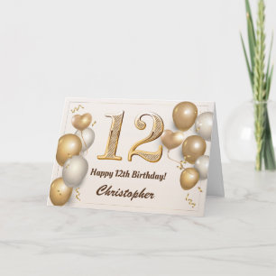 Cartão Balões Dourados e Confetes de Aniversário de 12 An
