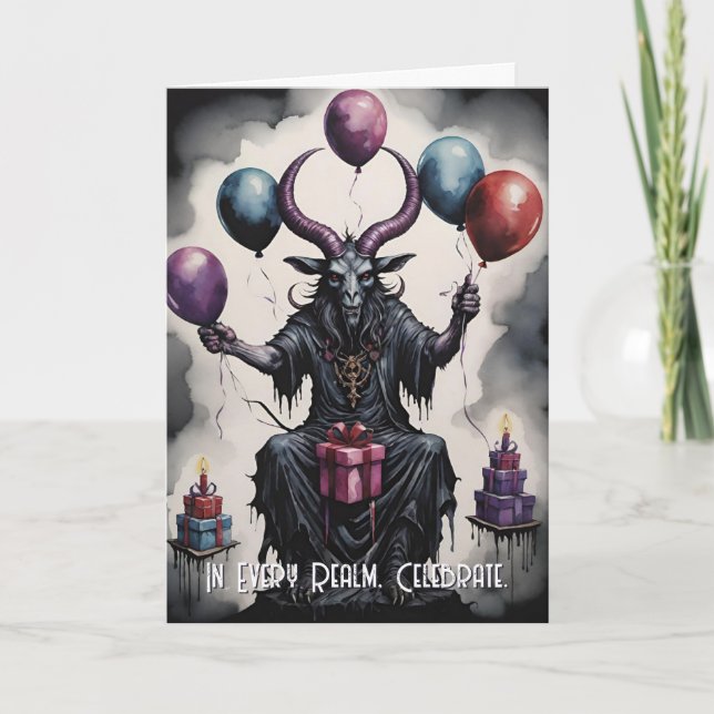 Cartão Balões e Presentes de Aniversário Baphomet Gótico (Frente)