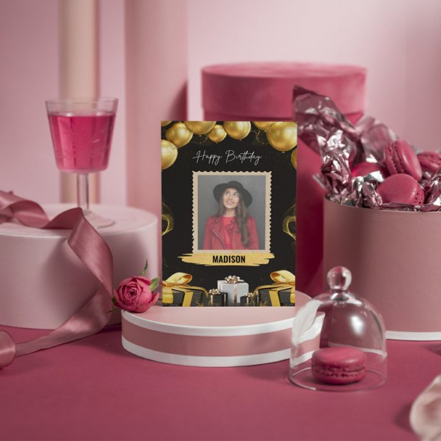 Cartão Balões e Presentes Dourados e Pretos (Criador carregado)