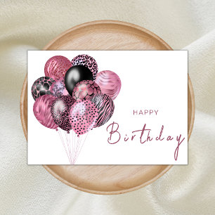 Cartão Balões Safari Rosa e Negro Feliz Aniversário
