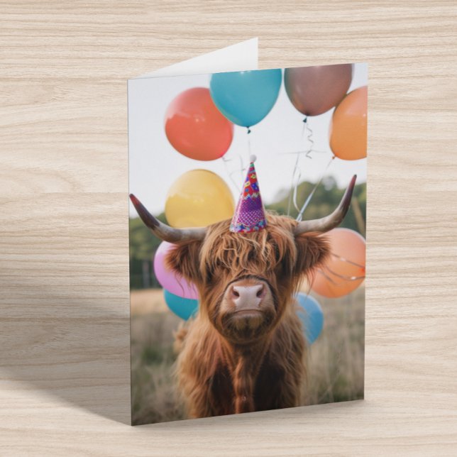 Cartão Baloões de Aniversário da Vaca das Terras Altas (Criador carregado)
