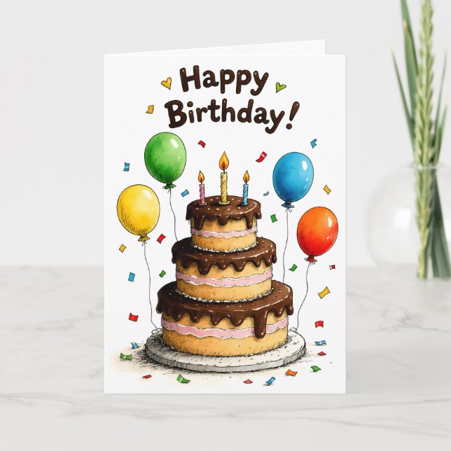 Cartão Baloões de Bolo de Chocolate de Aniversário (Frente)