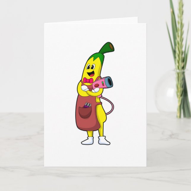 Cartão Banana como Cabelereiro com Secador de Cabelo (Frente)